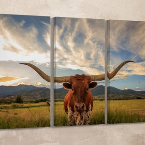 3 panel Texas longhorn steer canvas leather print/Extra large wall art/Texas cow wall art/Wall art set/Framed canvas print/Made in Italy