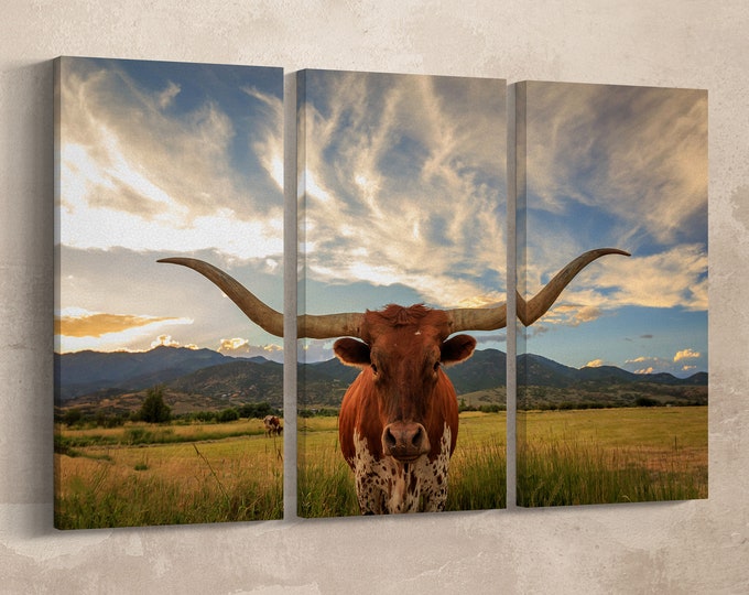 3 panel Texas longhorn steer canvas leather print/Extra large wall art/Texas cow wall art/Wall art set/Framed canvas print/Made in Italy