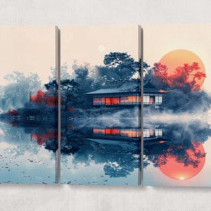Ritiro Zen: Padiglione sul Lago Nebbioso Stampa su Tessuto Ecopelle, Made in Italy!