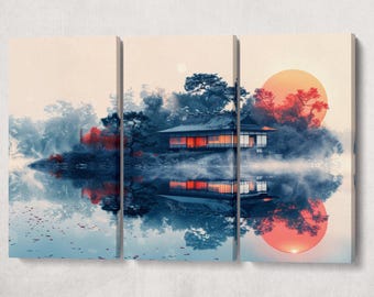 Zen Lake Pavilion Eco Leather Wall Art Single and Multi Panel Triptych