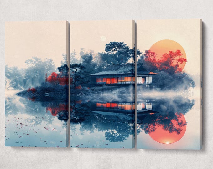 Zen Retreat Pavilion by the Misty Lake Canvas Wall Art Eco Leather Print, Made in Italy!