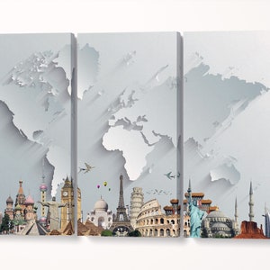 Silver World Map With Monuments 3D Effect Leather Print/Large World Map/Silver World Map/Multi Pieces World Map/Better than Canvas!