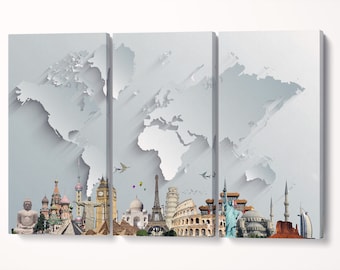 Silver World Map with Monuments: 3D Vegan Leather Print