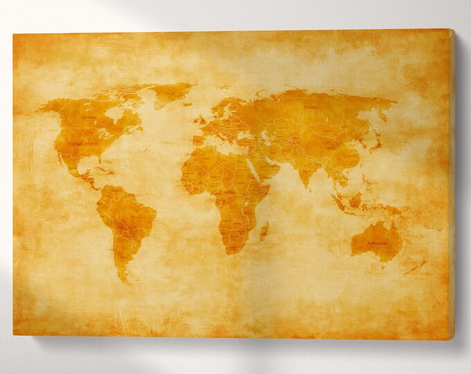 Vintage World Map with Borders and Nations Canvas Eco Leather Print, Made in Italy!