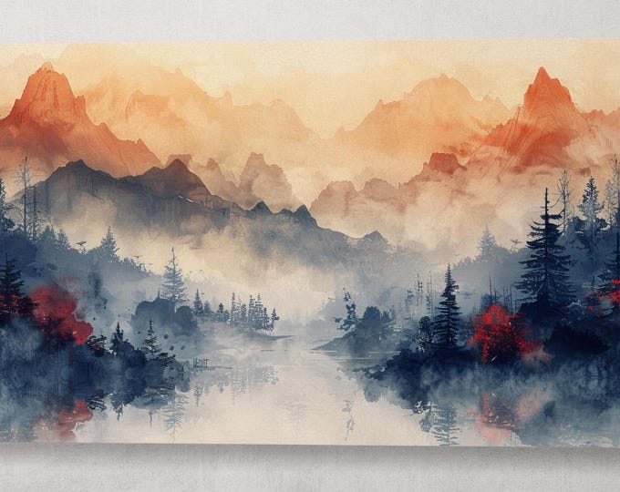 Mystical Mountain River Wall Art Home Decor Framed Canvas Print, Made in Italy!