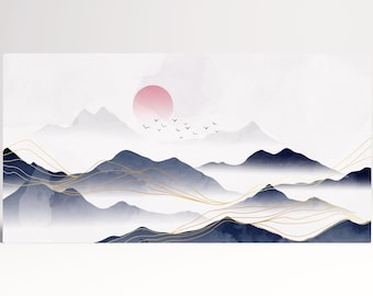 Japanese Blue Mountains Minimalist Art PETA Approved Eco Leather Single Triptych Wall Art