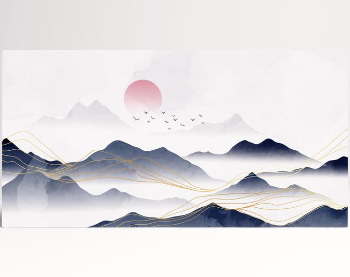 Japan Blue Mountains White Background Illustration Wall Art Framed Canvas Print