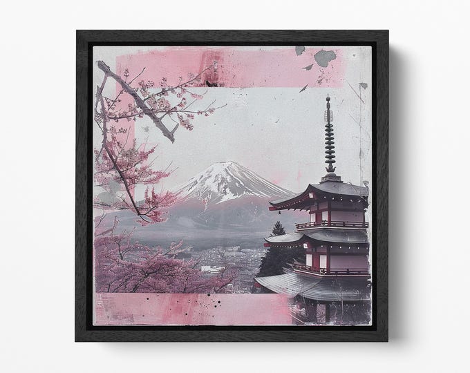 Serene Harmony Mount Fuji & Sakura Japan Wall Art Canvas Eco Leather Print, Made in Italy!