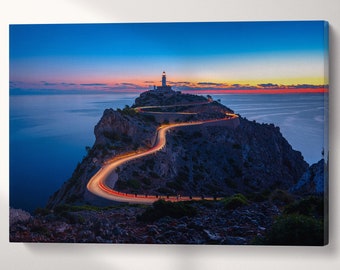 Cap de Formentor Lighthouse Maiorca Canvas Wall Art Eco Leather Print, Made in Italy!