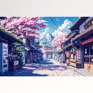 Lienzo enmarcado para decoración del hogar, arte de pared con diseño de anime de cerezo en flor de calle de Japón, fabricado en Italia.