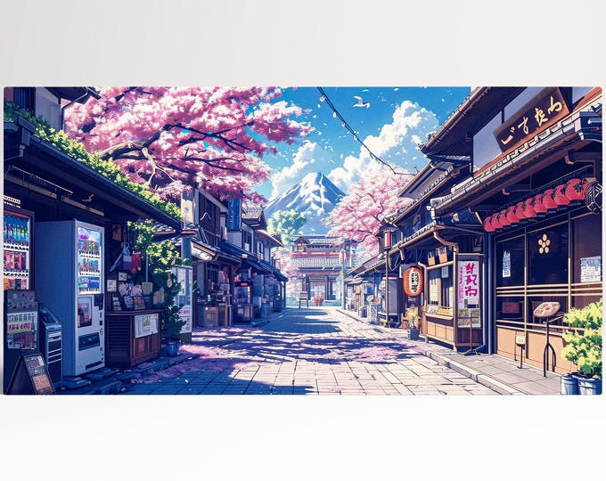 Japan Manga Street Cherry Blossom Anime Wall Art Home Decor Framed Canvas Print, Made in Italy!