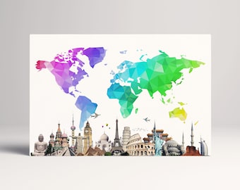 World Map Monuments Travel PETA Approved Eco Leather Multi Panel Wall Art