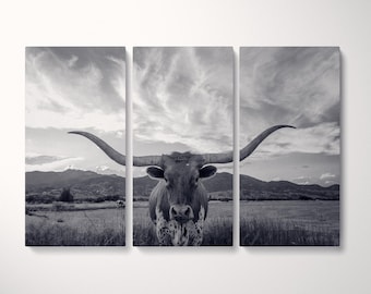 3 Panel Texas Longhorn Steer Black and White Framed Canvas Leather Print Cowboy Gift