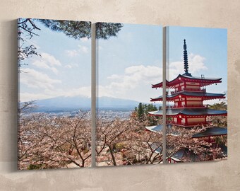 3 Pieces red Japanese pagoda, Fujiyama mountain leather print/Japan wall art/Multi Panel wall decor/Fujiyama print/Better than Canvas!