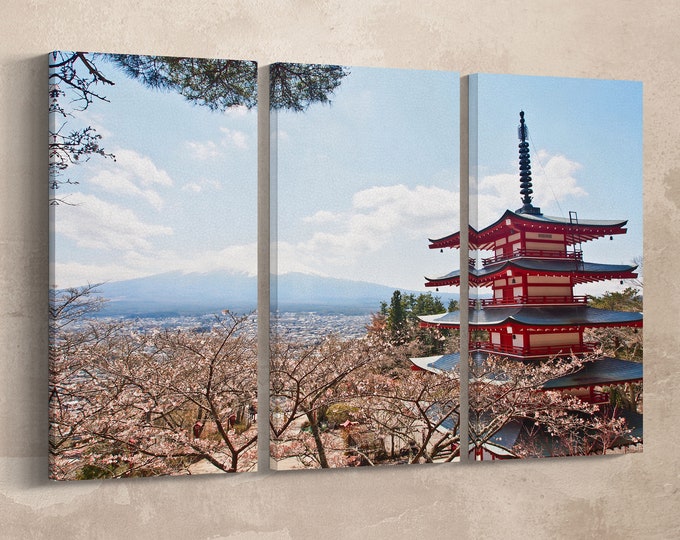 3 Pieces red Japanese pagoda, Fujiyama mountain leather print/Japan wall art/Multi Panel wall decor/Fujiyama print/Better than Canvas!