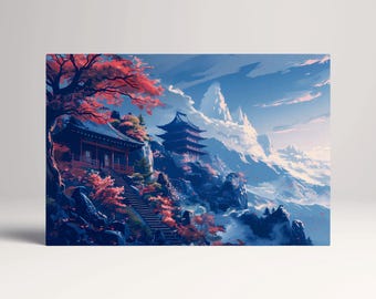 Japanese Temple Autumn Mountain PETA Approved Eco Leather Canvas Multi Panel Wall Art