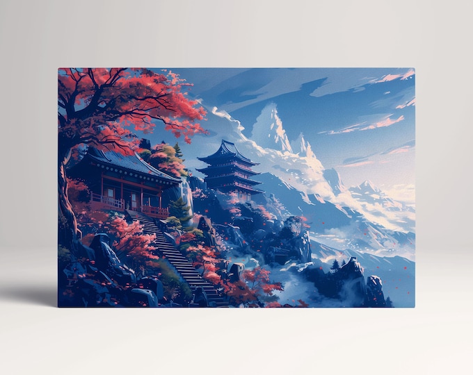 Harmony of Autumn Mountains: Japanese Temple Canvas Wall Decor Eco Leather Print, Made in Italy!