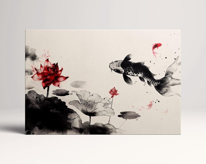 Serene Koi Pond: Black and White Elegance with Red Blossoms Wall Decor Print