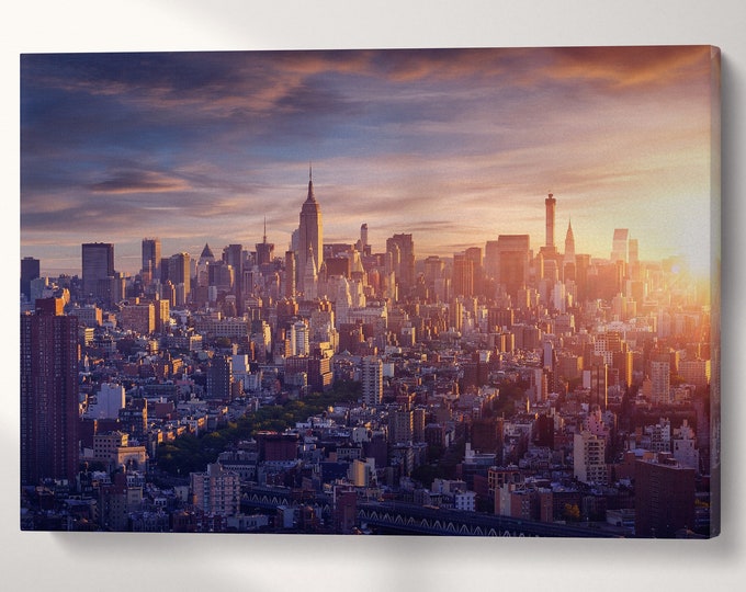 New York City Sunrise Canvas Wall Art Eco Leather Print, Made in Italy!