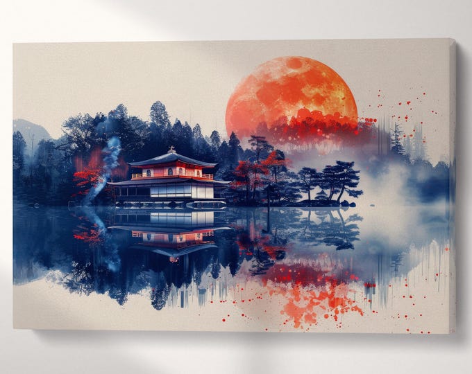 Crimson Moonrise Over Tranquil Waters Anime Canvas Wall Art Eco Leather Print, Made in Italy!