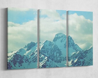 3 Panel Winter Mountains with Snow Vintage Filter Leather Print/Large Wall Art/Multi Panel Wall Art/Vintage/Made in Italy/Better than Canvas