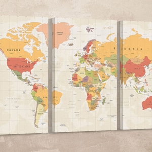 Lienzo con impresión de cuero sobre mapa del mundo detallado con chinchetas/mapa de palabras políticas/arte de mapas del mundo/mapa de viajes/arte de pared con mapa del mundo grande/¡Mejor que el lienzo!