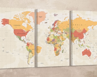 Push Pin World Map: Vegan Leather Canvas Print, Travel Art