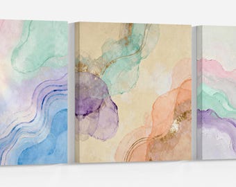 Pastel Boho Abstract Wall Art Vegan Leather Canvas Set Ready to Hang
