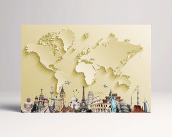 Gold World Map with Monuments: 3D Vegan Leather Print