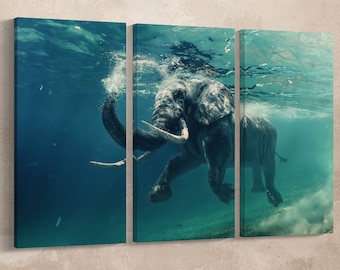 Elephant Swimming Under Water Vegan Leather Print - Multi Panel Wall Art