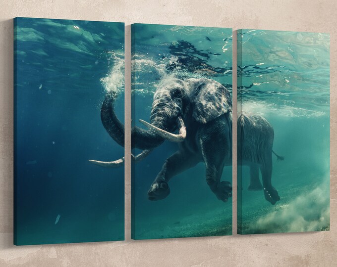 Elephant Swimming Under Water Leather Print/Large Animals Print/Multi Panel Wall Art/Large Wall Decor/Made in Italy/Better than Canvas!