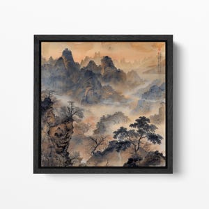 Vette Sussurranti: Un Paesaggio di Montagna Stile Cinese Stampa Canvas su Tessuto Ecopelle con Cornice Premium Made in Italy