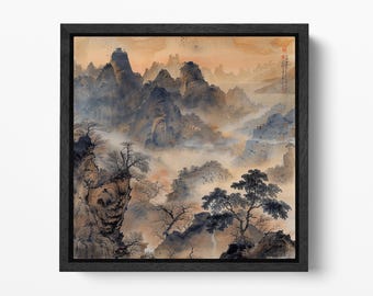 Chinese Mountain Landscape Art PETA Approved Eco Leather Floating Frame Wall Art Print