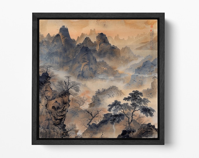 Whispering Peaks: A Peaceful Mountain Landscape Chinese Style Wall Art Framed Canvas Eco Leather Print, Made in Italy!
