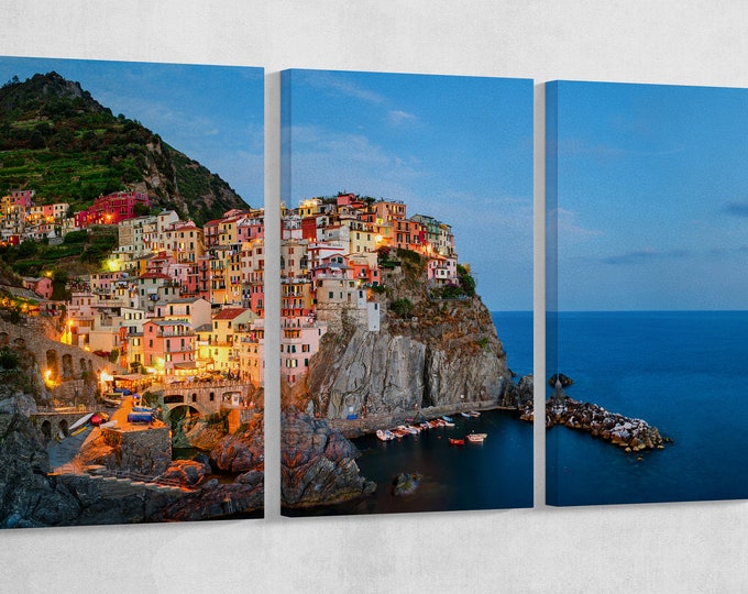 Manarola, Cinque Terre, Liguria at Twilight Leather Print/Large Manarola Print/Multi Panel Manarola Print/Large Wall Art/Better than Canvas!