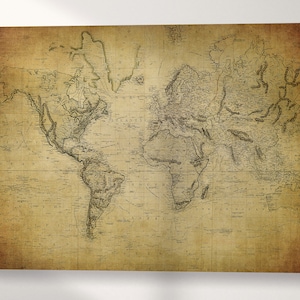 Mapa antiguo del mundo 1814, arte de pared, lienzo, impresión de cuero ecológico, ¡fabricado en Italia!