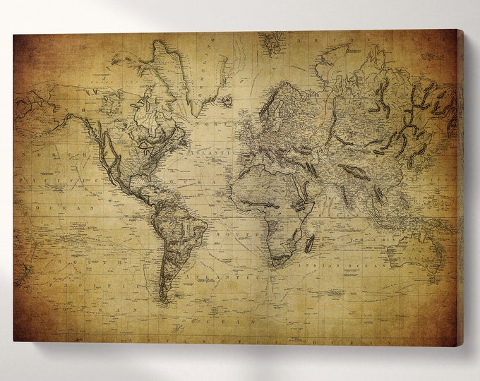 Vintage Map Of The World 1814 Wall Art Canvas Eco Leather Print, Made in Italy!