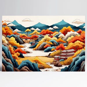 Serenità Dorata Autunnale Art Ukiyo-e Giapponese Canvas Stampa su Tessuto Eco Pelle, Made in Italy!