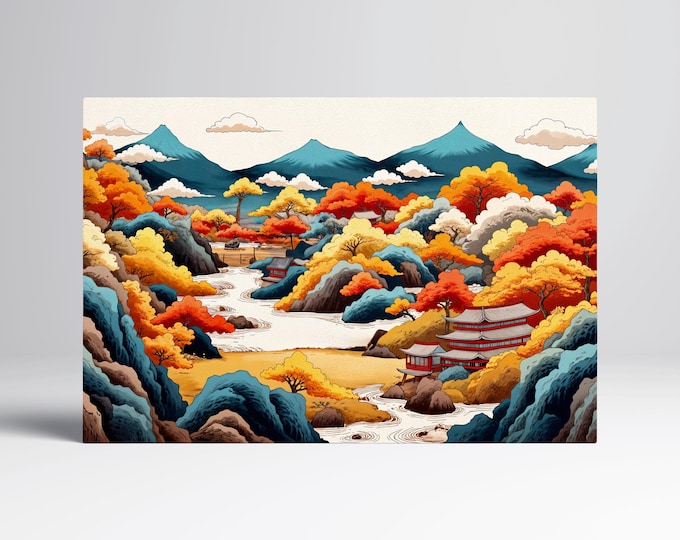 Golden Amber Serenity Japan's Autumn Ukiyo-e Wall Art Home Gift Eco Leather Print, Made in Italy!