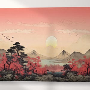 Rosa dell'Alba: Aurora Onirica in Stile Giapponese Ukiyo-e Stampa su Tessuto Ecopelle, Made in Italy!
