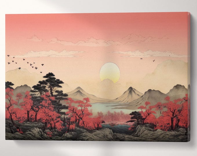 Blush of Dawn: A Dreamlike Sunrise in Ukiyo-e Style Artwork Canvas Wall Art Eco Leather Print, Made in Italy!