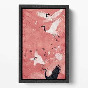Elegante vuelo de grullas sobre fondo rosa, lienzo artístico de pared con impresión de cuero ecológico, ¡fabricado en Italia!