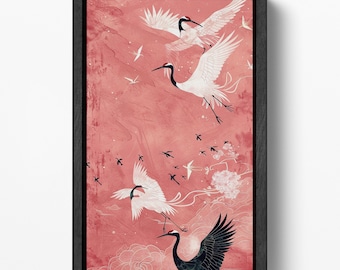 Cranes in Flight Japanese PETA Approved Eco Leather Canvas Floating Frame