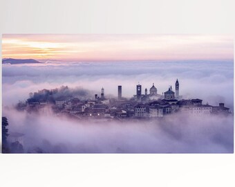 Bergamo Italy Foggy Sunrise Skyline PETA Approved Eco Leather Single Triptych Art