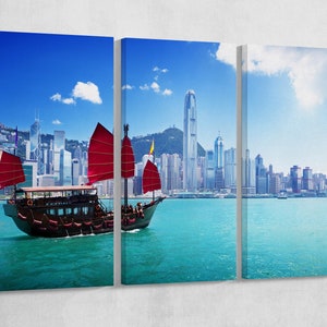 Hong Kong Harbour and Junk Boat Leather Print/Hong Kong Skyline/Large Wall Art/Large Wall Decor/Multi Panel Hong Kong/Better than Canvas!