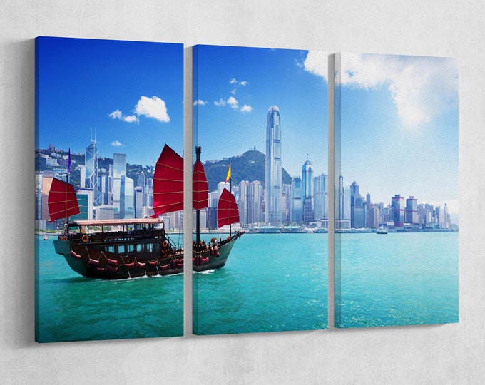 Hong Kong Harbour and Junk Boat Leather Print/Hong Kong Skyline/Large Wall Art/Large Wall Decor/Multi Panel Hong Kong/Better than Canvas!