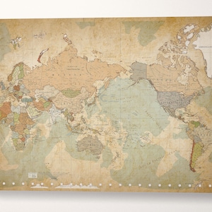 Mapa del mundo con chinchetas de África en la parte izquierda Impresión en cuero/Arte de pared en lienzo grande/Mapa vintage/Mapa del mundo con chinchetas/Mapa de viajes del mundo/Hecho en Italia