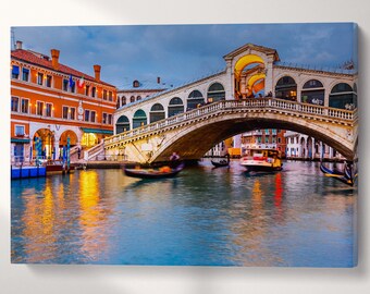 Venezia Rialto Bridge at Dusk Wall Art Canvas Eco Leather Print, Made in Italy!