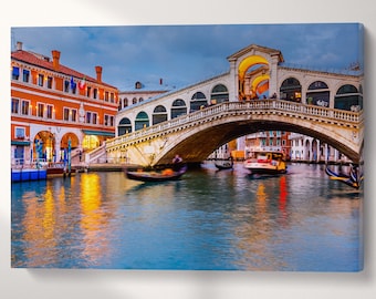 Venezia Rialto Bridge at Dusk Wall Art Canvas Eco Leather Print, Made in Italy!