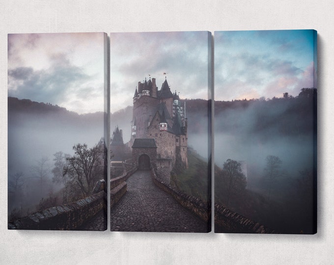 Misty Castle Burg Eltz Wierschem Germany Canvas Eco Leather Print, Made in Italy!